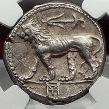 SELEUKOS I Nikator Seleukid Silver Ancient Greek Coin Ba'al Lion NGC XF i59082