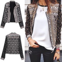 Damen Langarm Druck Jacken Mäntel Tops Kurzjacke Outwear Blazer Bikerjacken Neu