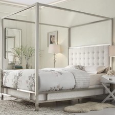queen size canopy bed chrome metal frame tufted headboard off white cream linen - Metal Canopy Bed Frame queen size canopy bed chrome metal frame tufted headboard off white cream linen - Metal Canopy Bed Frame