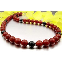 Kette Collier aus Koralle & Onyx & 925er Silber, rot schwarz, Halskette Damen