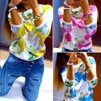 Mode Damen Beiläufige Shirts Pullover Bluse Blumen Tops Oberteil Langarm T-shirt