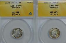 Anacs certified Barber Dime duo: 1911 Ms60 Detail, Cleaned Lot 218