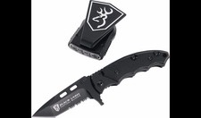 Browning Tactical Stainless Pocket Knife LED Cap Light Combo Serrated Blade NEW