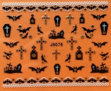 Nail Art 3D Decal Stickers Halloween Bat Coffin Graveyard Cross JH076
