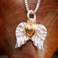 925 Sterlingsilber Engel Flügel & Gold Herz Anhänger Halskette Handarbeit w-Feld