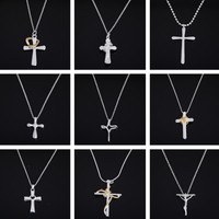 Damen Herren Art Kreuz Statement Halskette Versilbert Kristall Collier Anhänger