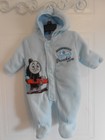 Infant Boys snowsuit w/ hood, 0-3 months, Thomas Train, blue, zips *284