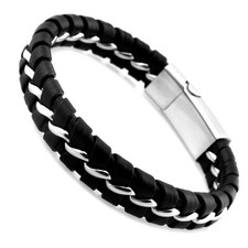 Pulsera de cuero Acero Magnética plata negro Mujer Hombre Brazalete