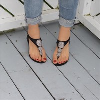 Zehentrenner Sandalen Damenschuhe Schwarz Steine Flach 36.37.38.39.40.41