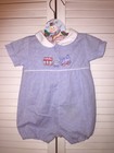 VTG Baby Boys classic Train Romper Shorts 6/9M Outfit JON JON Blue Gingham