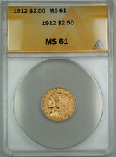 1912 $2.50 Indian Quarter Eagle Gold Coin Anacs Ms-61