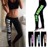 Damen Sport Leggings Lang mit Bunt WORK OUT Druckmuster Günstig Fitness Hose