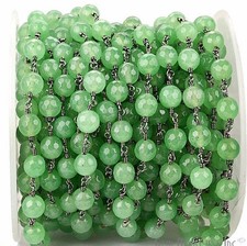 3 Ft Baby Green Jade 8 mm wire wrapped Rosary Chain, Black Plated Jewelry 30013