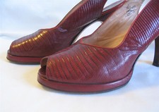 Fab 1940'S ~ Andrew Geller ~ Red Lizard Peep Toe Platform Slingback Heels~ 7N