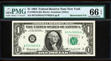 1963 $1 Mismatched Serial# Error "New York" Pmg Gem Uncirculated 66Epq Fr.1900-B