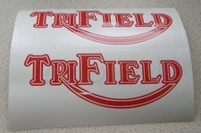 2 x gloss RED vinyl "TRI-FIELD" Triumph/Royal Enfield motorcycle tank decals