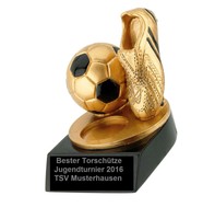 Trophäe Fußballschuh+Ball in Gold/Silber auf Sockel  inkl. Beschriftung Emblem 