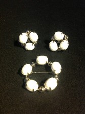 Scarab ( White ) Silver Tone Pin/ Brooch Earring Set
