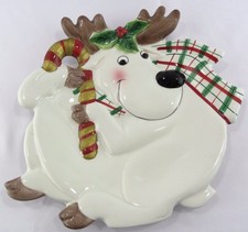 Fitz & Floyd Plaid Christmas Reindeer Serving Plate Glazed Ceramic 10.5" x 8.5"