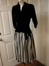 Vintage 40'S Black Velvet Top Stripe Taffeta Skirt Evening Cocktail Dress Xs S