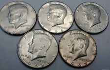 (5 coin set) 40% Silver clad Kennedy half dollar run 1965 1966 1967 1968D 1969D