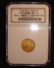1911 $2 1/2 Indian Head Gold Coin Quarter Eagle Ms62 Ngc Off Center Error
