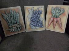 Vintage 3D Wall Tile Art ,Grapes,Asparagus,Carrots , Fleur De Lis Signed
