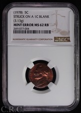 New listing
1978 Jefferson Nickel 5C Struck on 1C Penny Planchet Error Ngc Ms62 Rb