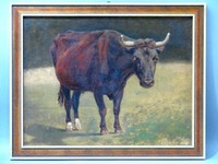 Gemälde Öl auf Sperrholz "Stier" Tiermaler frühes 20. Jh. Signiert