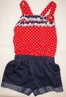 Little Lass Toddler Girl Short Romper Sz 3T Denim Red Polka Dot Patriotic Outfit
