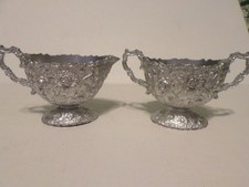 Vintage Decorative Silver Color Metal Creamer Pitcher & Sugar Bowl Japan