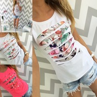 Damen T-Shirt Bluse Top Kurzarm Damenshirt Weiß Freizeit Oberteil Tanktop Neu