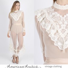 Vintage 70s Gunne Sax Dress Boho Wedding Party Hippie Sheer Floral Lace Maxi