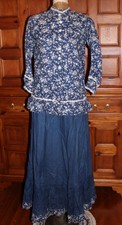 Antique Victorian Blue Cotton Floral Dress Walking Suit Bustle Skirt Bodice