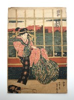Utagawa Sadahide (1807-1873) Woodblock Print Ukiyo-e Bijin Beauty on Window Sill