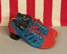 Vintage 1960s Womens Leather 2-Tone Shoes Heels Blue/Red Suede 9" Length Nos