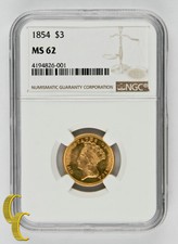 1854 $3 Gold Princess Graded by Ngc as Ms-62! Gorgeous Strike!