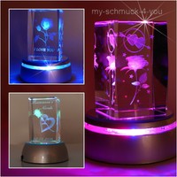 3D Glas Kristall Quader Rosen Liebe LED Sockel inkl. Diamant Gravur Geschenk