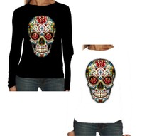 Velocitee Ladies Long Sleeve T-Shirt Sugar Tattoo Skull Rockabilly Hardy W16553