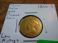 1856-S United States Three Dollar $3 Gold Princess Coin - Free S&H Usa