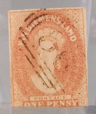 Very Rare Australia Tasmania Queen Victoria 1 Penny Postage Stamp 1855? 56? 57?