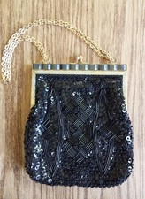 Vintage Black Beaded Sequined Purse, Matal Chained Strap