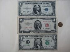 4/Lot:1 Red Seal $2 Bill, 2 $1 Bills Of Blue Seal & * +1 Old One Cent Usa Coin