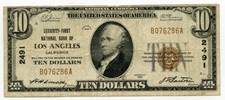 1929 $10 National Currency Note 2491 - Bank of Los Angeles California - Ag747