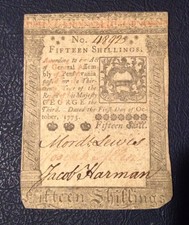 Fifteen Shillings Colonial Currency Oct. 1, 1773 Good Condition Free Shipping.