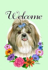 Garden Indoor/Outdoor Welcome Flag (Flowers) - Brown & White Shih Tzu 632291