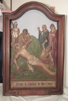 HUGE antique hand carved religious stations cross Church wood wall sculpture God