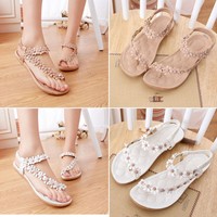 Mode Damen Sandalen Sandaletten Zehentrenner Blumen Flach Riemchen Sommer Schuhe