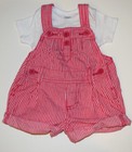 OshKosh B'Gosh Pink and White Striped Girls Overall Shorts Outfit 6 Months EUC