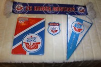 F.C.Hansa Rostock Blechschild-Aufnäher Wimpel 4 Teile Neu.